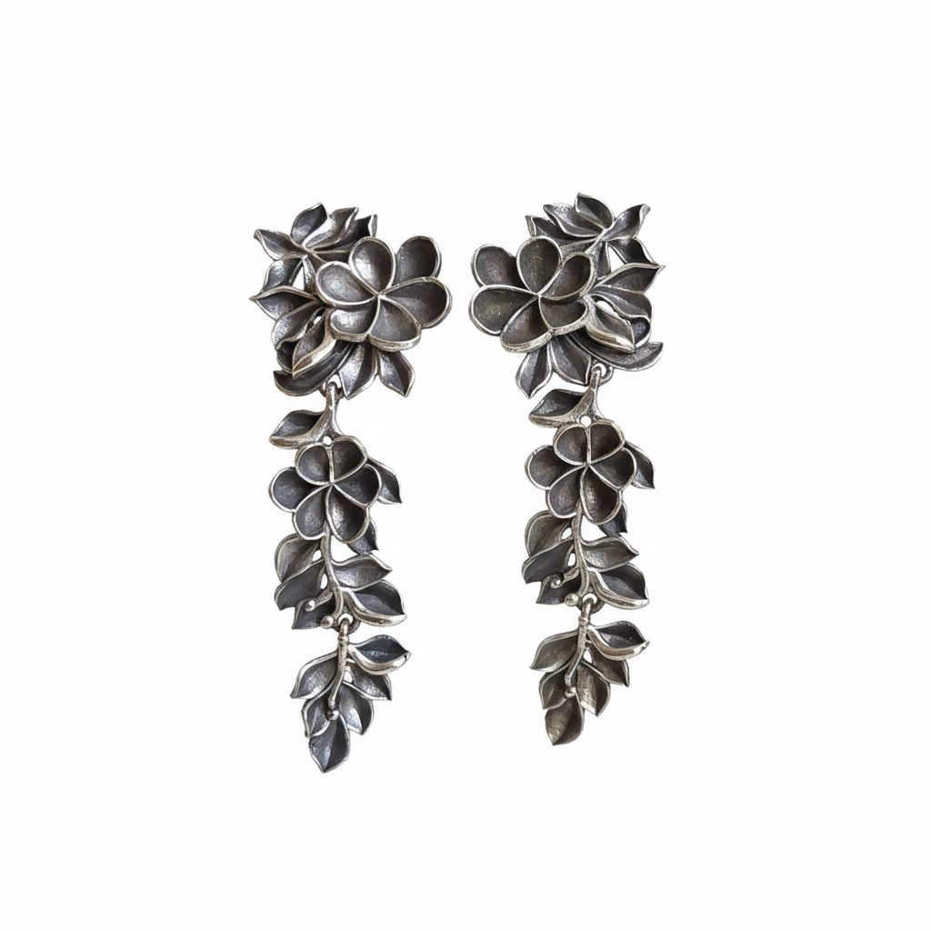 Naari Jewels Oxidized German Silver Rajasi Floral Falls Dangler Earrings For Women