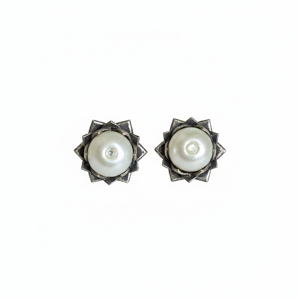 Naari Jewels Oxidized German Silver Classic Charm Pearl Studs Brass Earrings