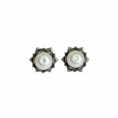 Naari Jewels Oxidized German Silver Classic Charm Pearl Studs Brass Earrings