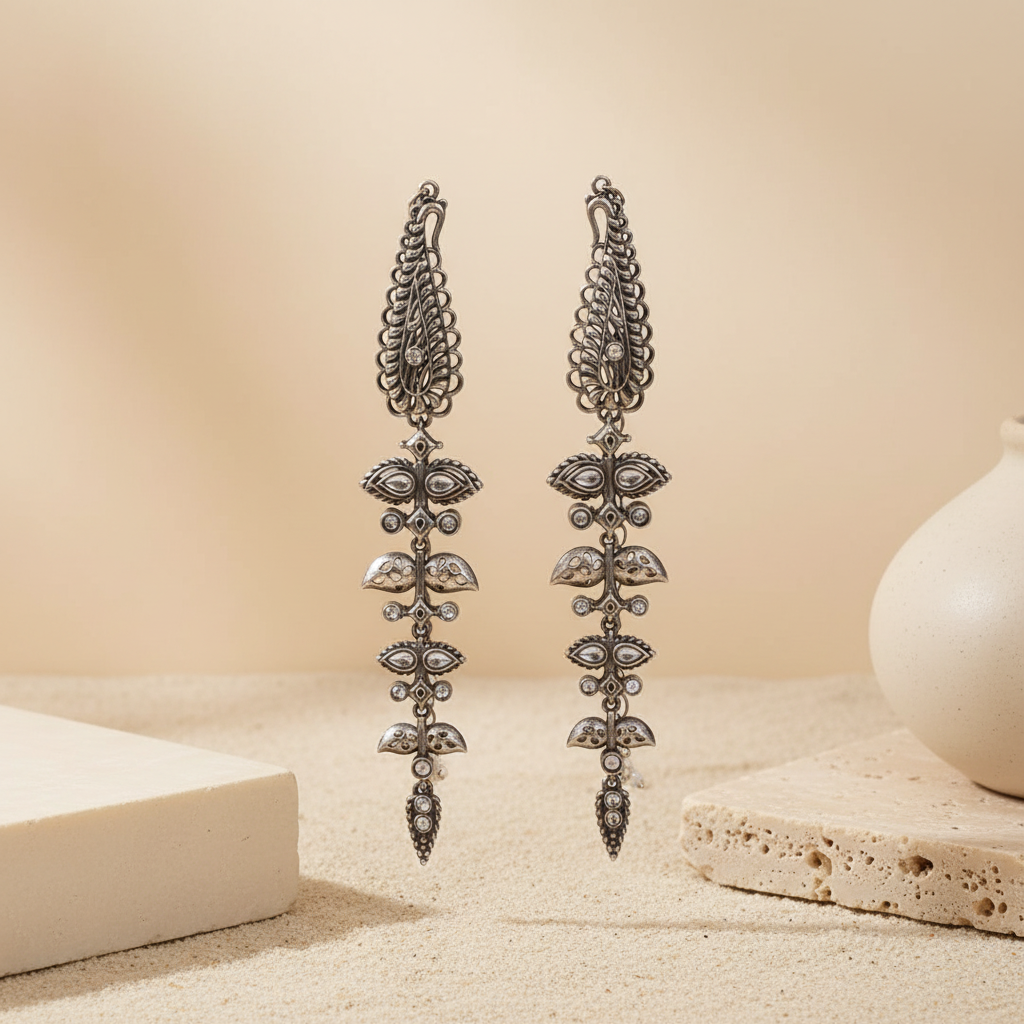 Naari Jewels Peacock Feather Vine German Silver Ear Cuff Dangle Drop Earrings For Women