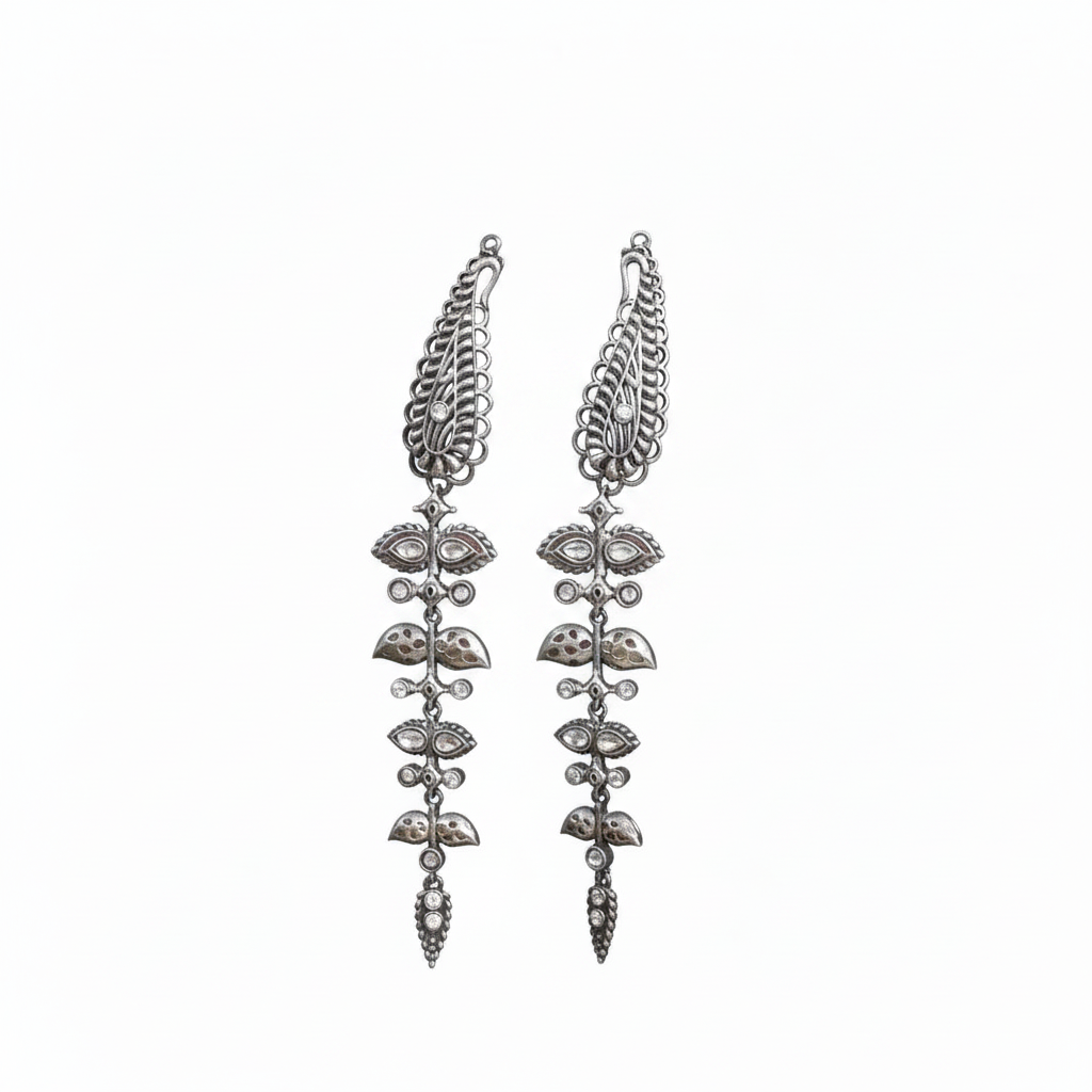 Naari Jewels Peacock Feather Vine German Silver Ear Cuff Dangle Drop Earrings For Women