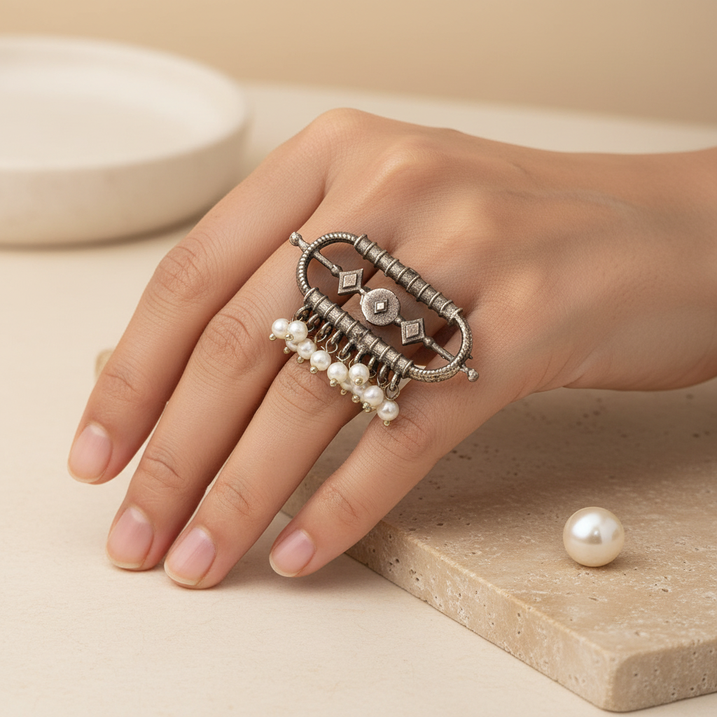 Naari Jewels Avni Geomatric Pearl Dangler Ring For Women | German Silver Ethnic Jewelry For Festive