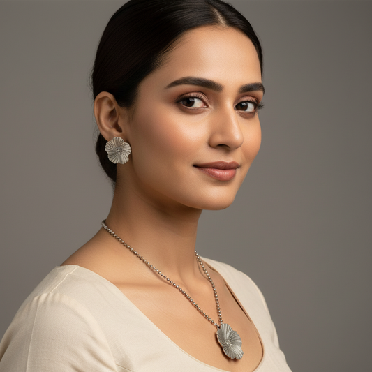 Naari Jewels German Silver Aditi Floral Petal Necklace With Floral Earring For Women