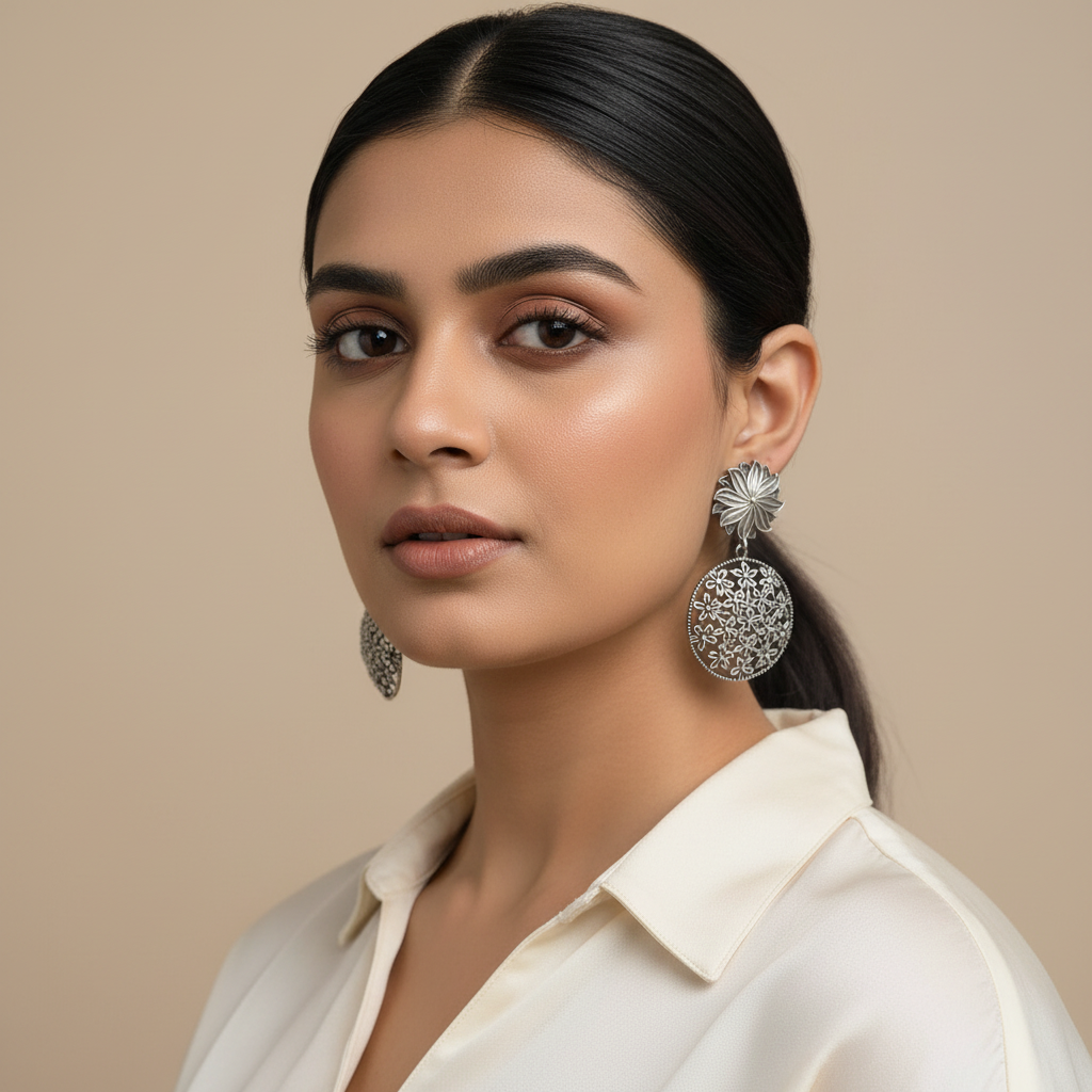 Naari Jewels Gulnaar Floral Filigree Long Drop Earrings | German Silver Statement Wedding Collection Jewelry For Women