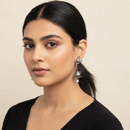 Naari Jewels Oxidized German Silver Tea Pour Kettle to Cup Drop Brass Earrings