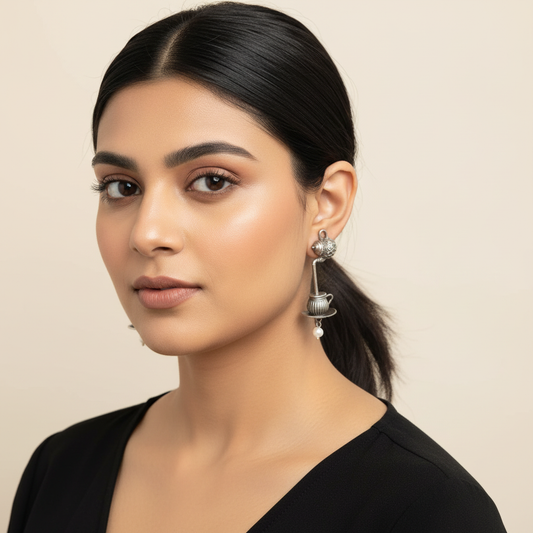 Naari Jewels Oxidized German Silver Tea Pour Kettle to Cup Drop Brass Earrings