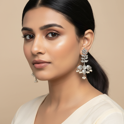 Naari Jewels Vanika Leaf Vine Oxidised German Silver Brass Earrings with Pearl Drops | Ethnic Earrings for Women