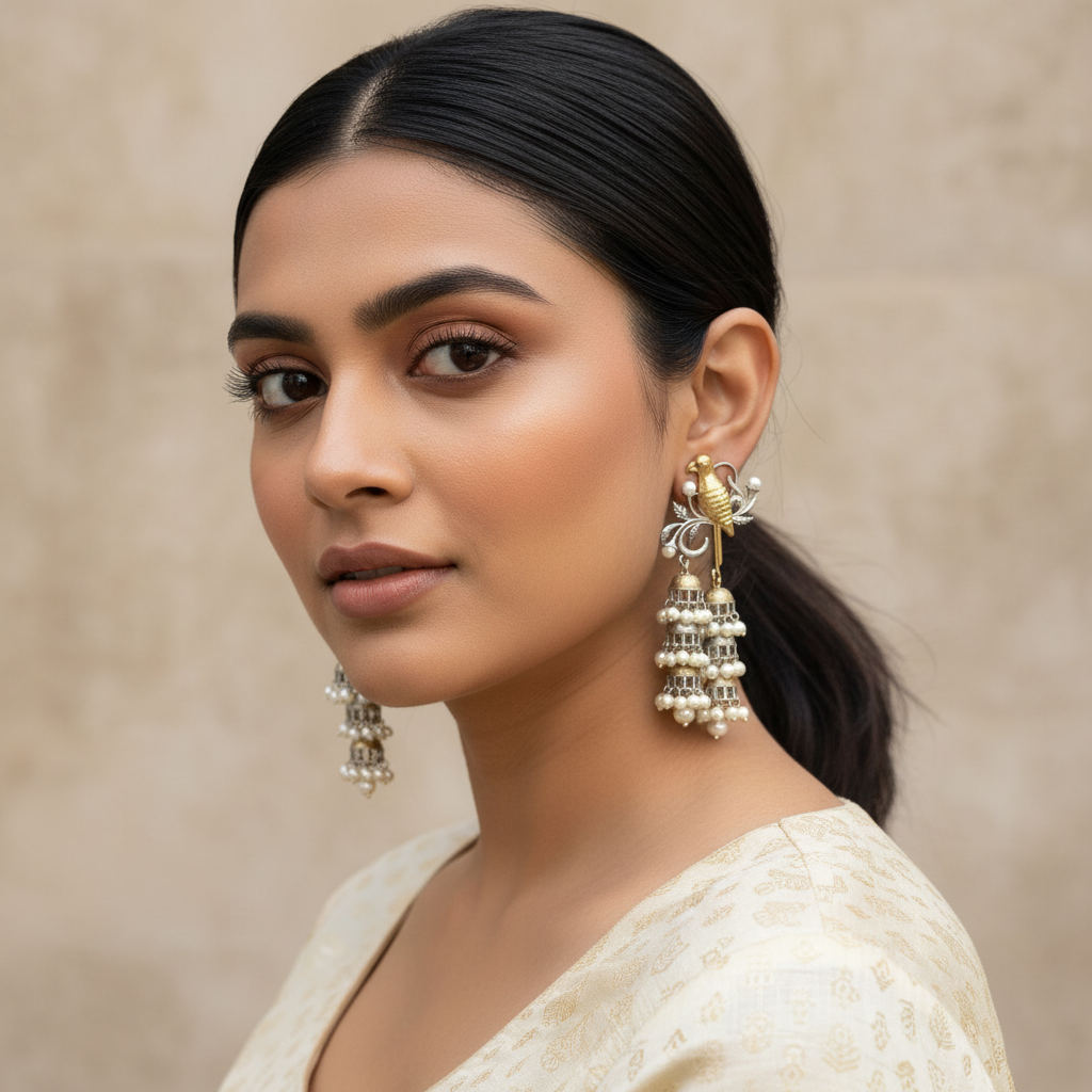 Naari Jewels Aarika Bird Cascade Earrings | German Silver Jhumka Style Drop Jewelry For Women