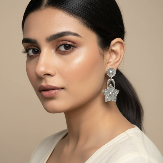 Naari Jewels Oxidised Brass & German Silver Star Flower Earrings for Women | Antique Silver Floral Statement Drop Earrings | Ethnic Boho Jewellery