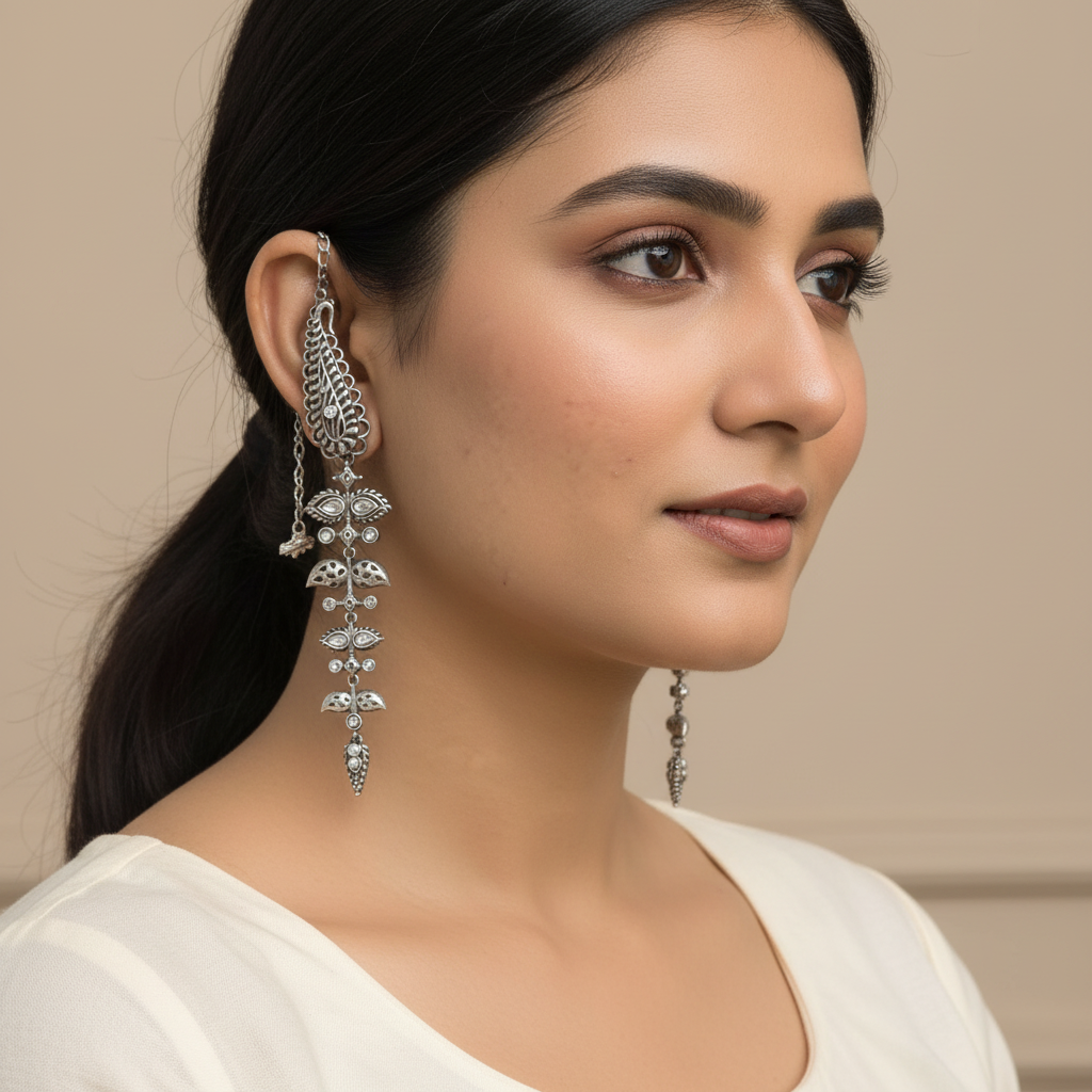Naari Jewels Peacock Feather Vine German Silver Ear Cuff Dangle Drop Earrings For Women