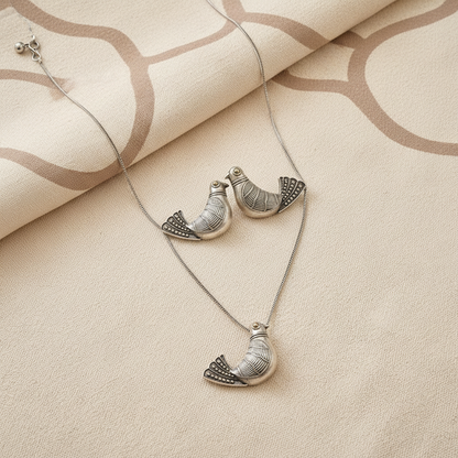 Naari Jewels Sparrow Pendant Necklace with Matching Sparrow Stud Earrings | German Silver Jewellery Set