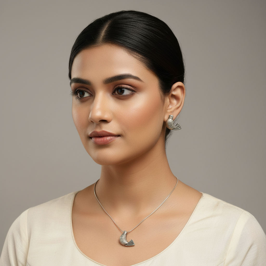 Naari Jewels Sparrow Pendant Necklace with Matching Sparrow Stud Earrings | German Silver Jewellery Set