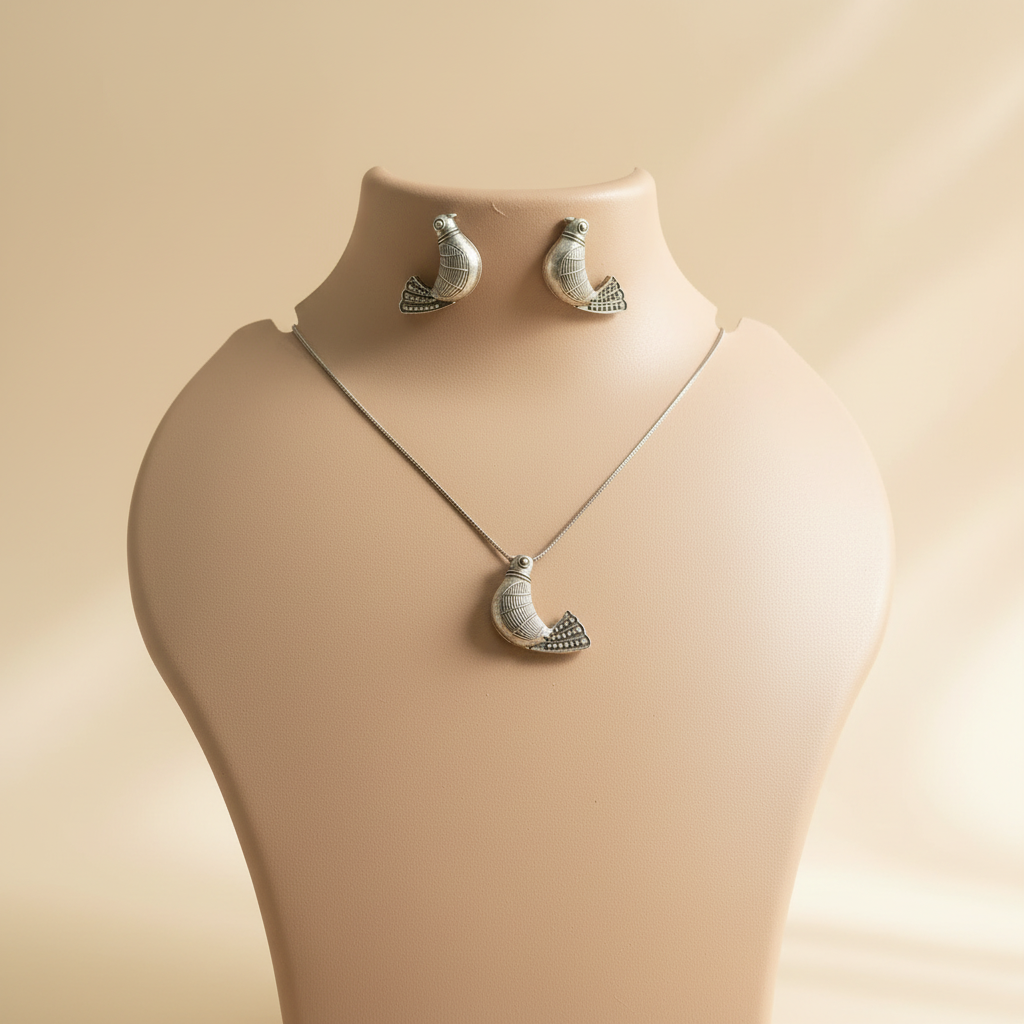 Naari Jewels Sparrow Pendant Necklace with Matching Sparrow Stud Earrings | German Silver Jewellery Set