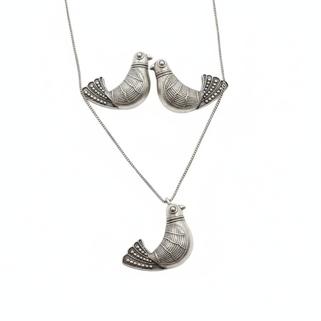 Naari Jewels Sparrow Pendant Necklace with Matching Sparrow Stud Earrings | German Silver Jewellery Set