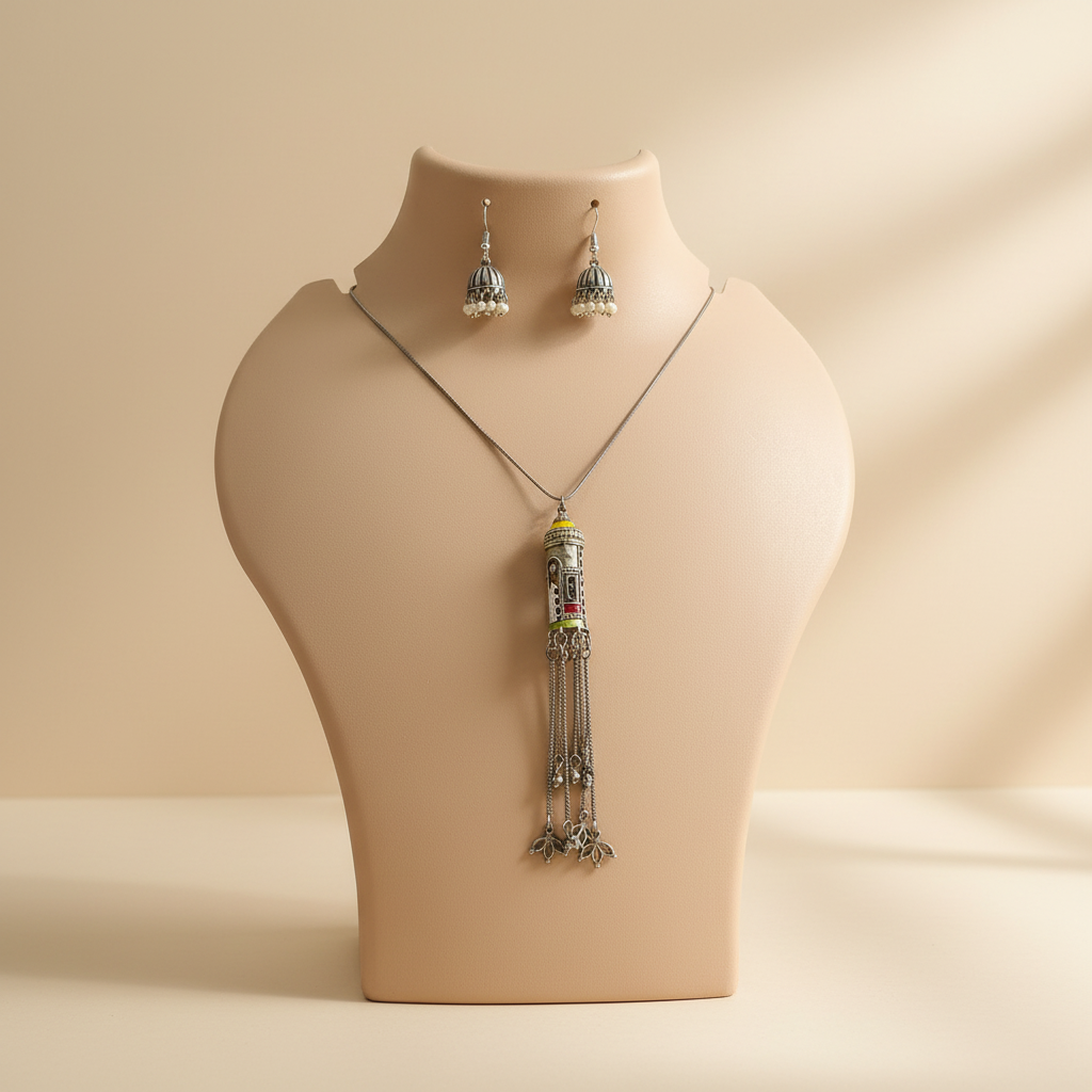 Naari Jewels Antique Pillar Pendant German Silver Necklace Set with Pearl Jhumka Earrings