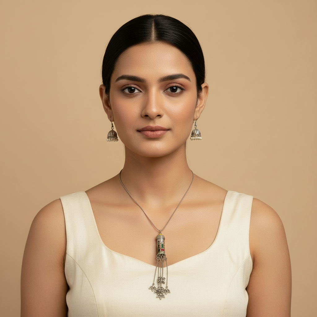Naari Jewels Antique Pillar Pendant German Silver Necklace Set with Pearl Jhumka Earrings