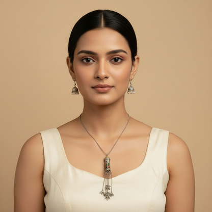 Naari Jewels Antique Pillar Pendant German Silver Necklace Set with Pearl Jhumka Earrings