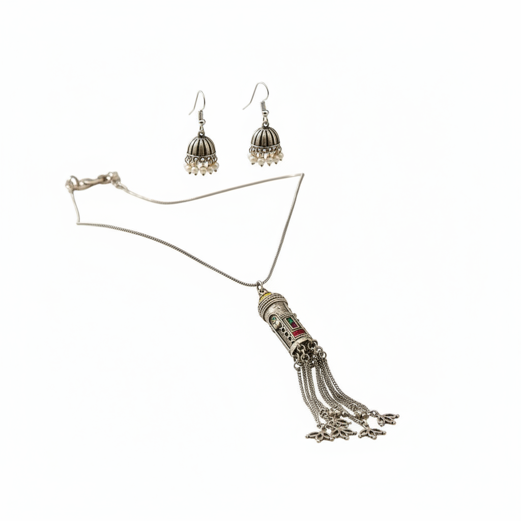 Naari Jewels Antique Pillar Pendant German Silver Necklace Set with Pearl Jhumka Earrings