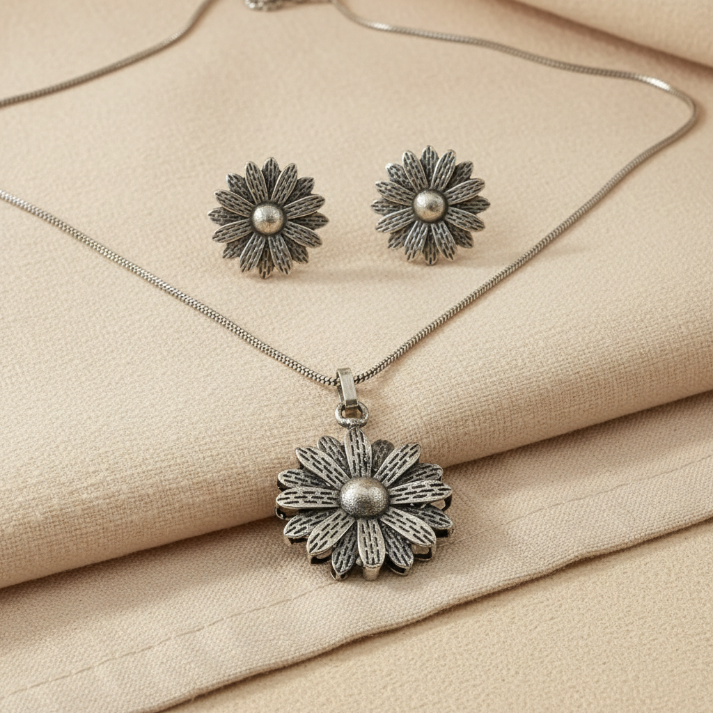 Naari Jewels Daisy Flower Chain Pendent Necklace With Floral Stud Earrings | German Silver Jewellery