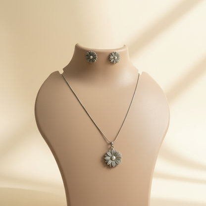 Naari Jewels Daisy Flower Chain Pendent Necklace With Floral Stud Earrings | German Silver Jewellery