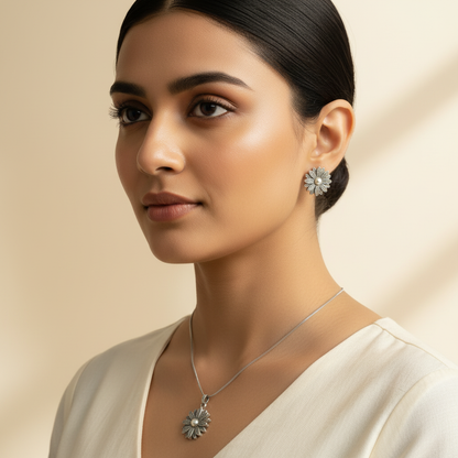 Naari Jewels Daisy Flower Chain Pendent Necklace With Floral Stud Earrings | German Silver Jewellery