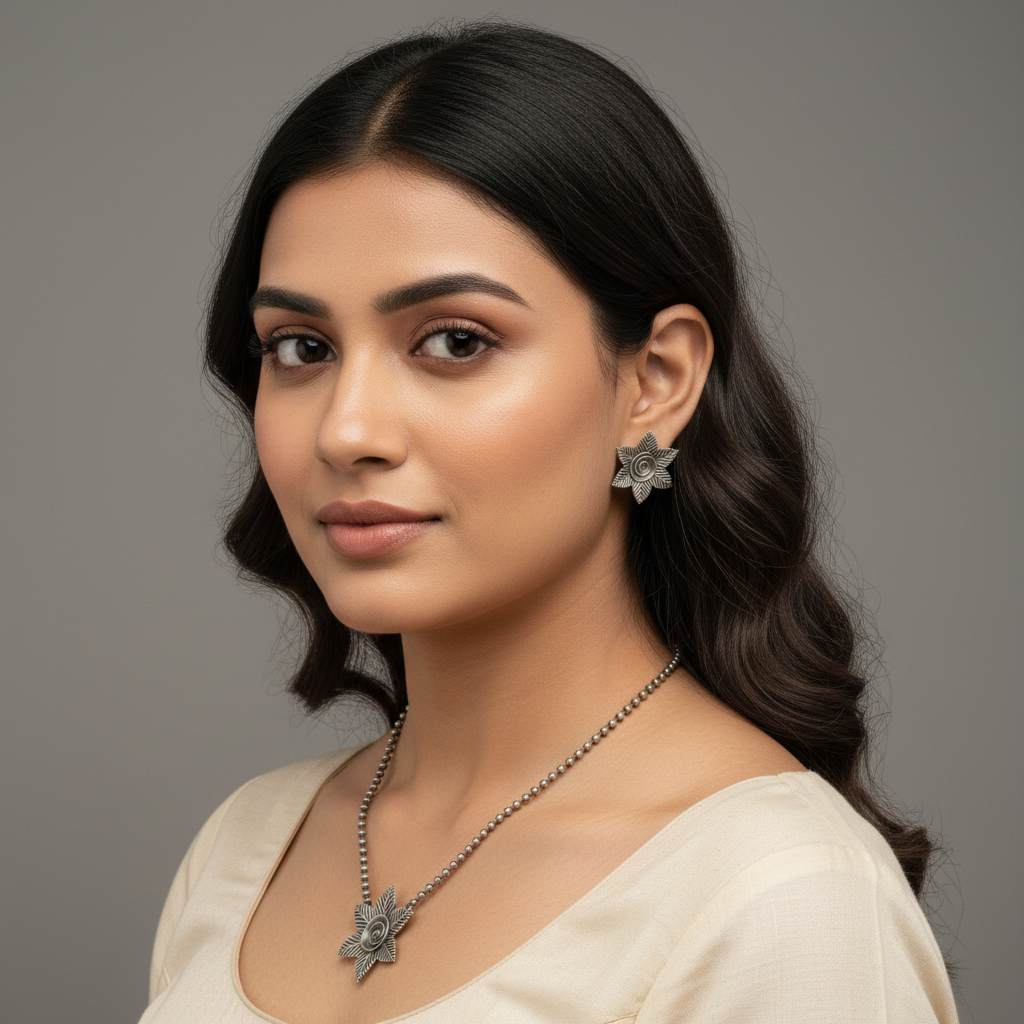 Naari Jewels Aadhira Floral Swirl Pendant Necklace Set with Matching Stud Earrings | German Silver Jewellery
