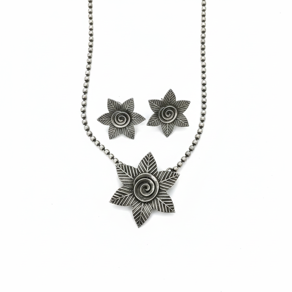 Naari Jewels Aadhira Floral Swirl Pendant Necklace Set with Matching Stud Earrings | German Silver Jewellery