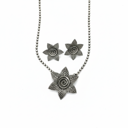 Naari Jewels Aadhira Floral Swirl Pendant Necklace Set with Matching Stud Earrings | German Silver Jewellery