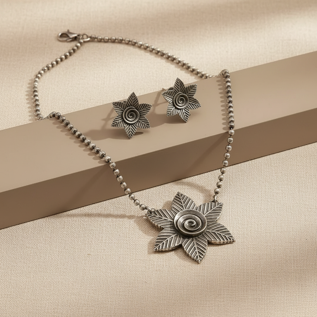 Naari Jewels Aadhira Floral Swirl Pendant Necklace Set with Matching Stud Earrings | German Silver Jewellery