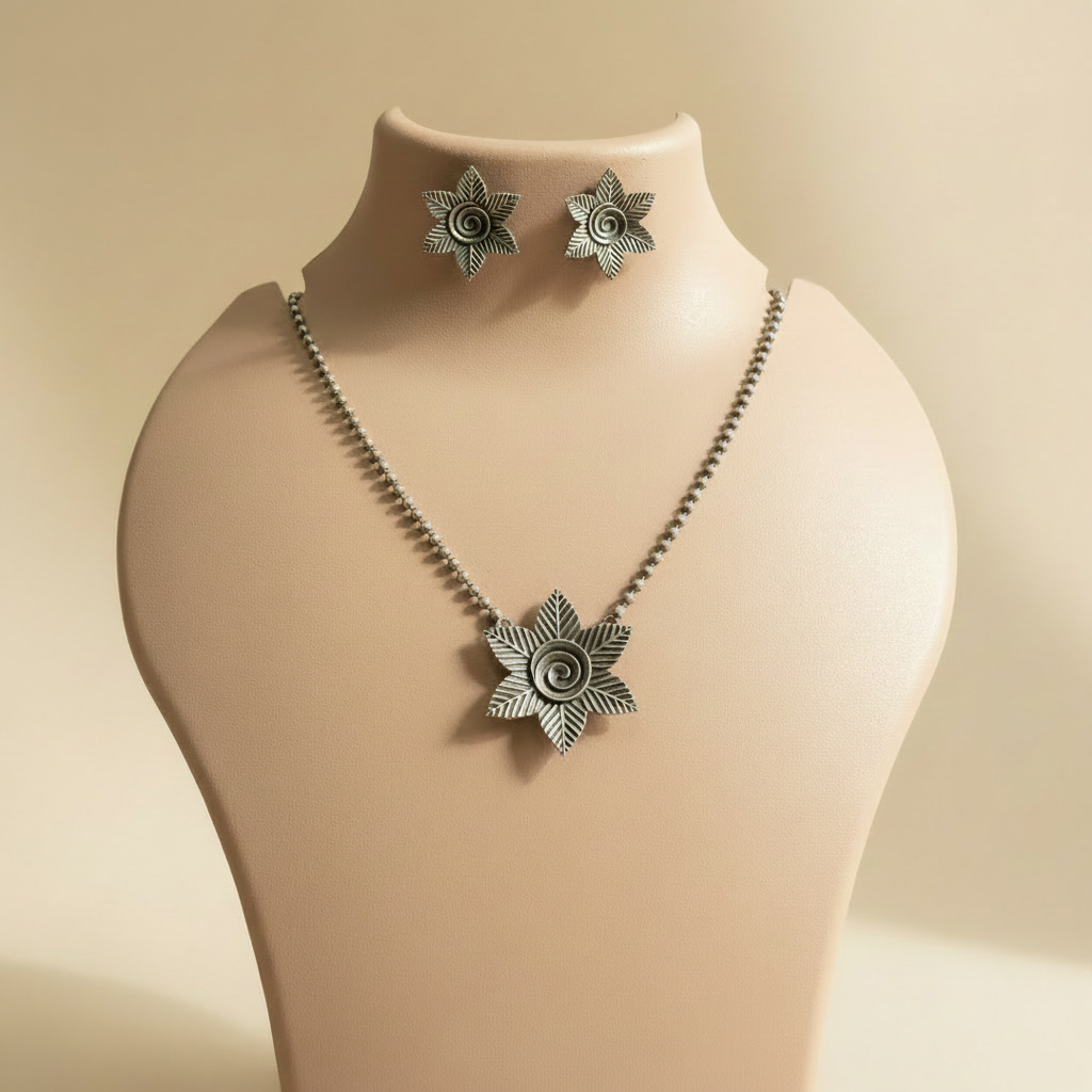 Naari Jewels Aadhira Floral Swirl Pendant Necklace Set with Matching Stud Earrings | German Silver Jewellery