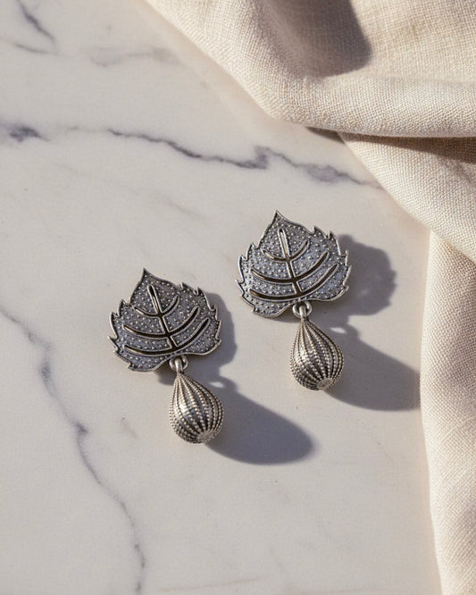 Naari Jewels Oxidized German Silver Vriksha Peepal Leaf Bead Drop Earrings
